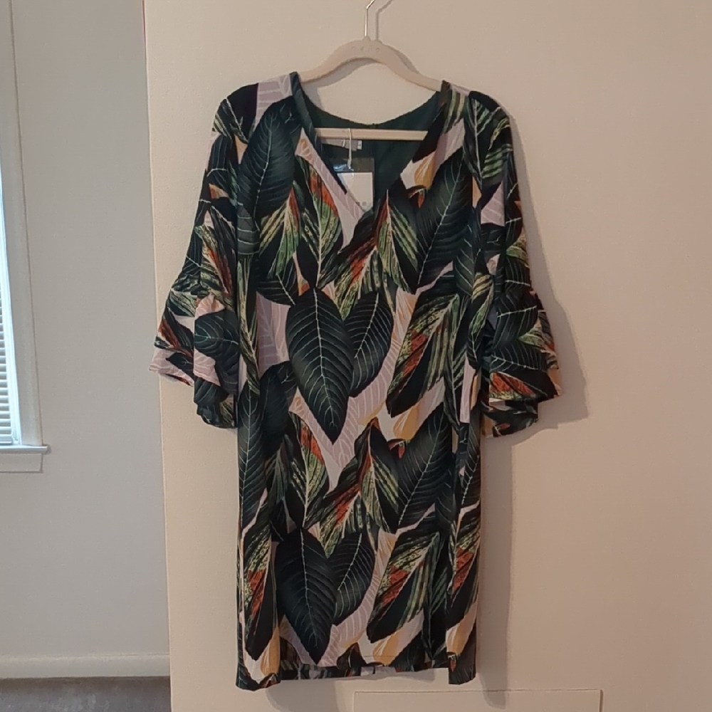 Tropical Leaf Print V-Neck Dress - Green, Cream, Black